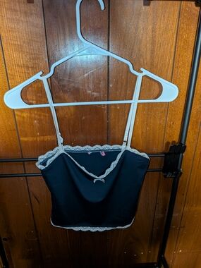 Black Lace-Trim Cami Top with White Straps